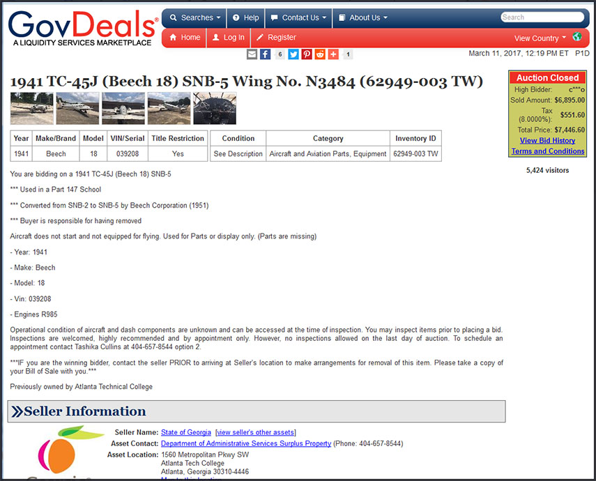 Beech 18 N3484 on Gocdeal.com: sold!