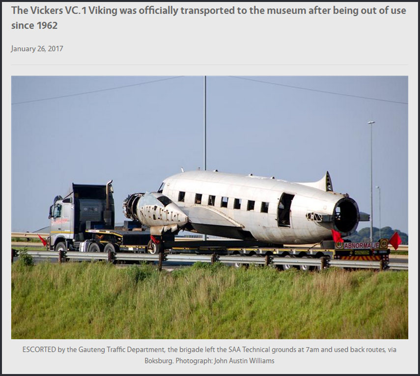 Vickers Viking ZS-GKH to SAA Museum by road