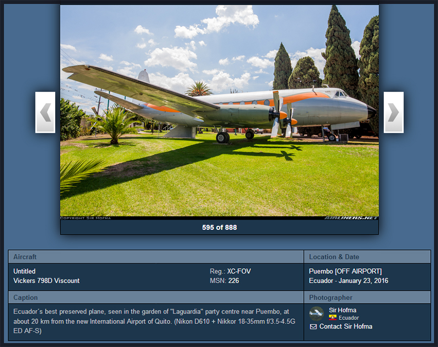 Vickers V789D Viscount XC-FOV off airport at Puembo, Ecuador
