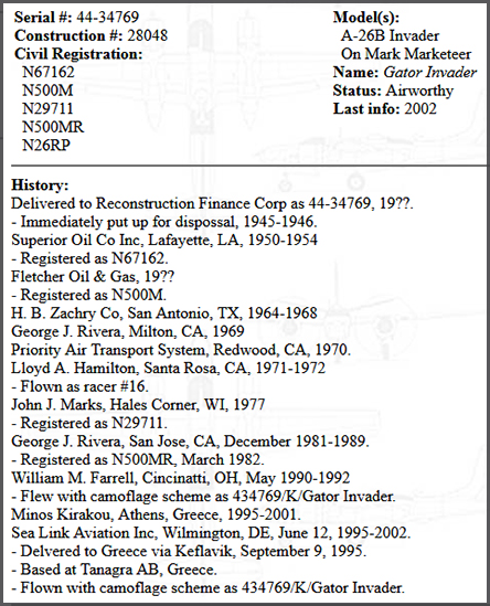 History of A-26B Invader N500MR